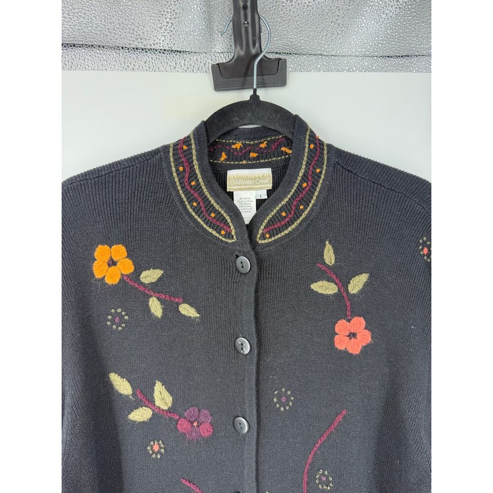 Coldwater Creek L Embroidered Floral Cardigan Ramie Fall Folk Art Cottagecore - Picture 3 of 12